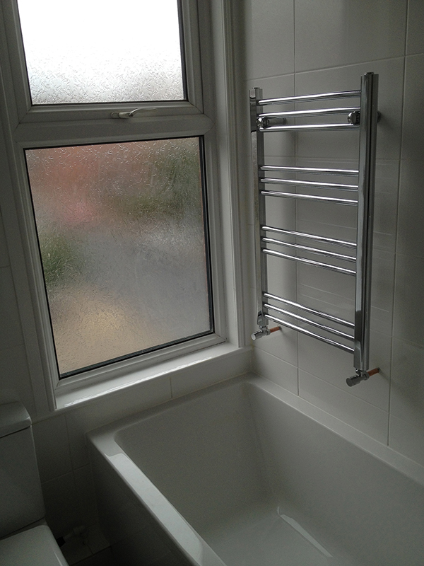 Angled Radiator Valves On A Towel Warmer With Bathroom Installation In Leeds