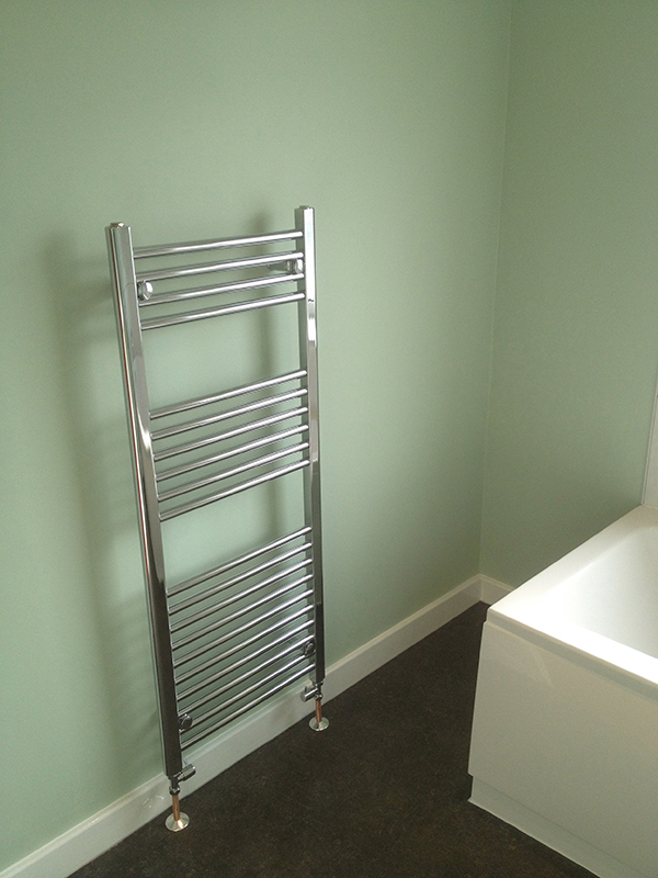Straight Radiator Valves On A Towel Warmer With Bathroom Installation In Leeds