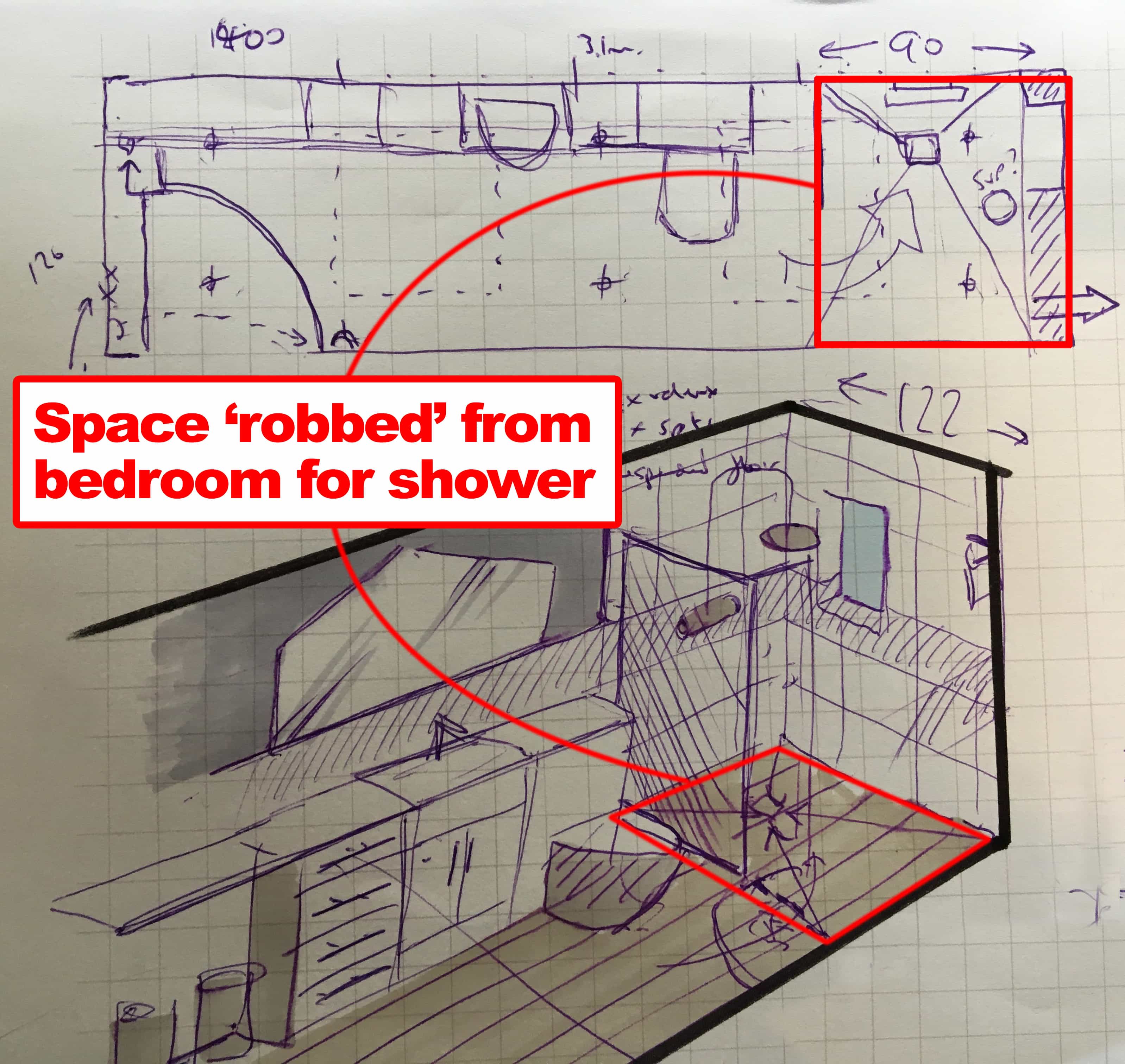 space robbed from bedroom for bathroom